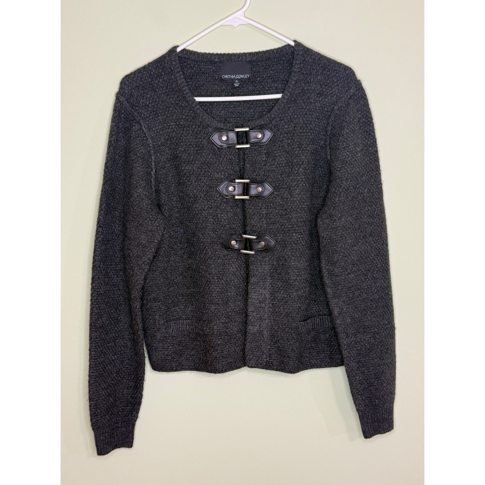 Cynthia Rowley Women XL Gray Knit Cardigan Sweater Buckle moto equestrian casual